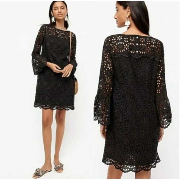 J CREW Black Embroidered Eyelet Bell Sleeve Shift Dress Size 4 Dark Fairy Boho - Picture 2 of 11